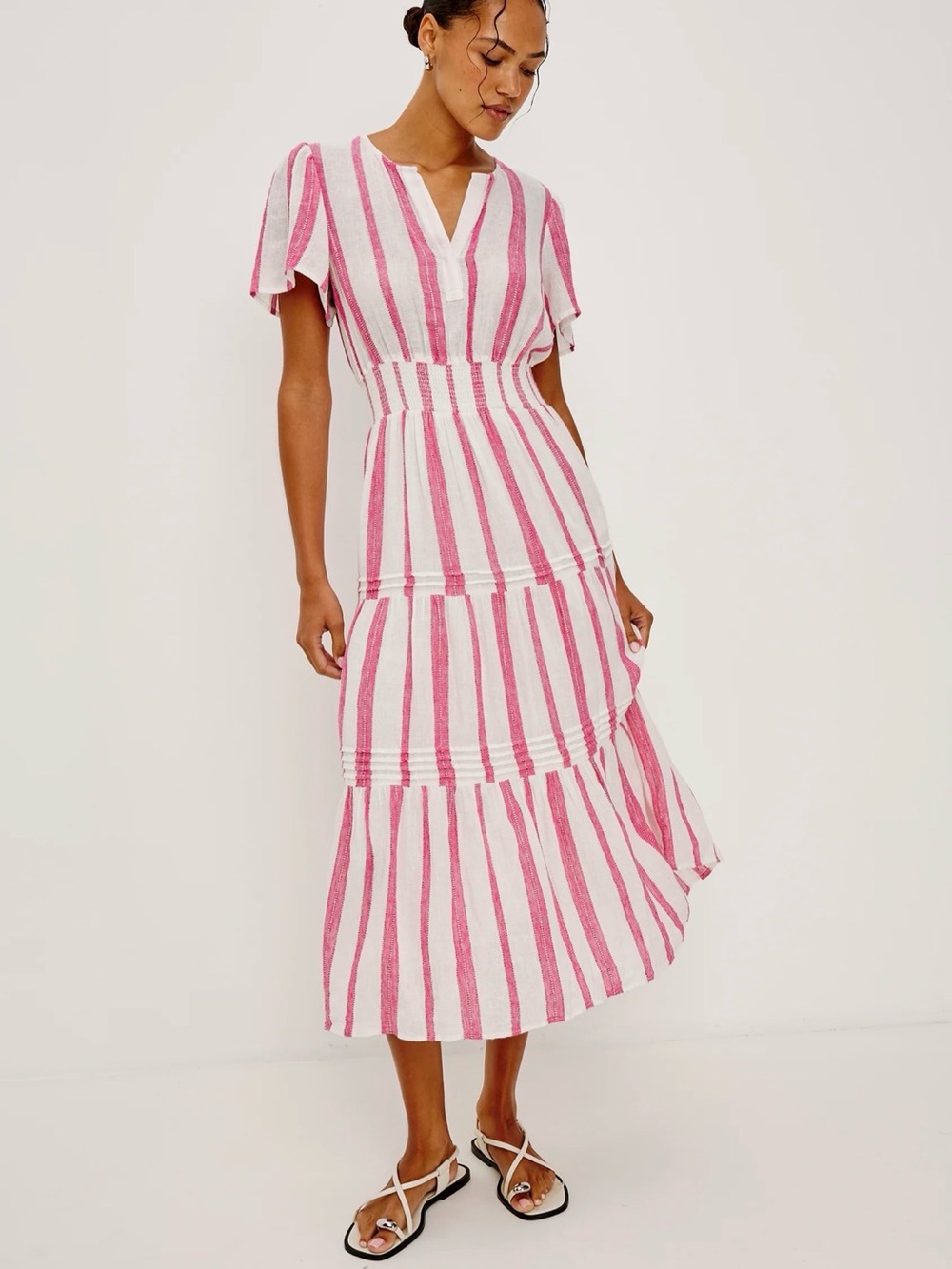 Rails Pink & White Striped Tiered Midi Dress